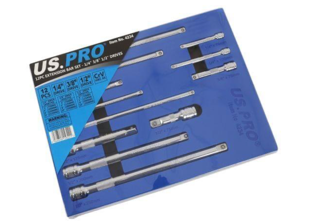 12PC EXTENSION BAR SET – 1/4″ 3/8″ 1/2″ 4234