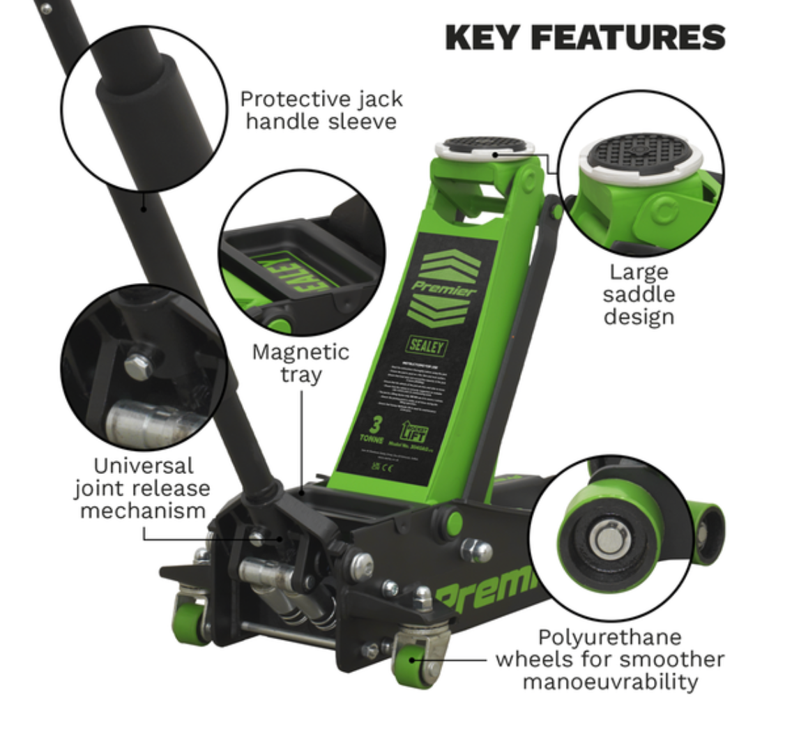 Premier Low Profile Trolley Jack with Rocket Lift 3 Tonne - Green 3040AG